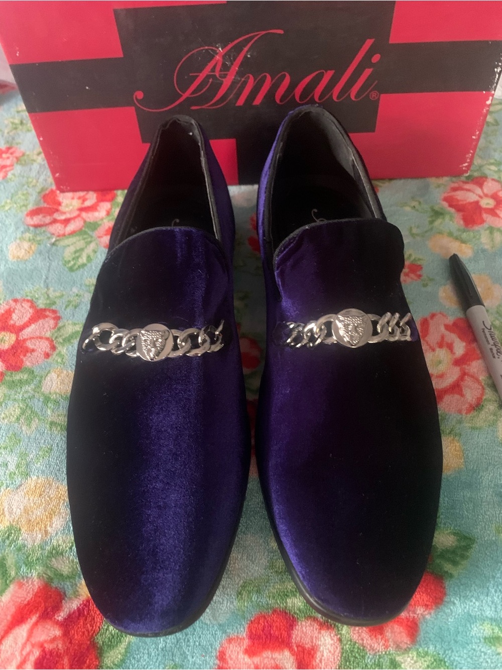 Amali Lynx Mens Velvet Purple Dress Loafers Silver Chain & Lions Head Detail